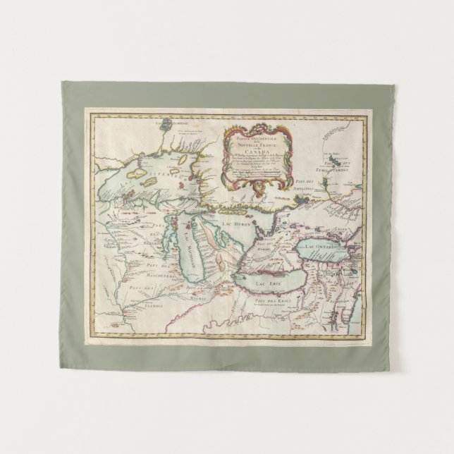 Vintage French Great Lakes Map  Tapestry (Front (Horizontal))