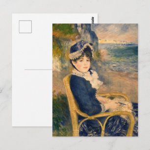 Vintage French Lady Knitting at the Beach Art Postcard