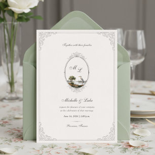 Vintage French Landscape Monogram Wedding Invitation
