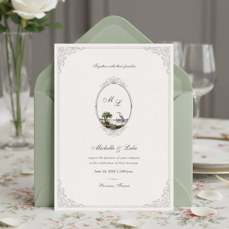 Vintage French Landscape Monogram Wedding  Invitation