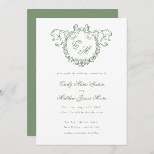 Vintage French Monogram Wreath Sage Wedding Invitation