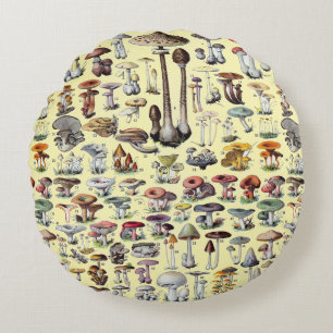 Vintage French Mushroom Cottagecore Botanical Art Round Cushion