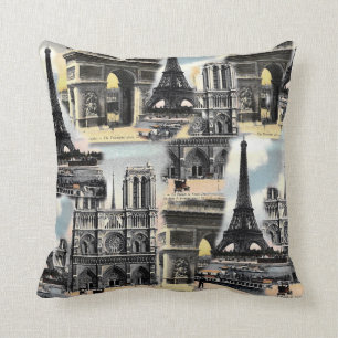 Vintage French Paris Travel Collage Eiffel Tower Cushion