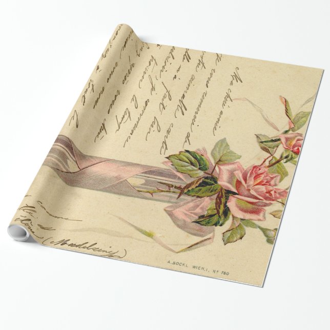 Vintage French Pink Roses Wrapping Paper (Unrolled)
