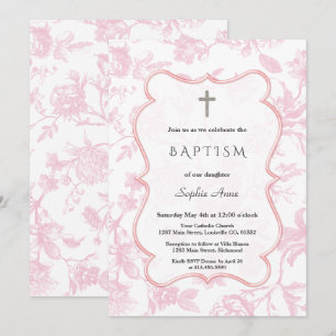 Vintage French Pink Toile Flowers Girl Baptism Invitation