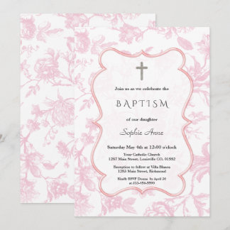 Vintage French Pink Toile Flowers Girl Baptism Invitation