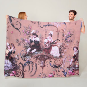 Vintage French Pink Toile Victorian Style Floral Fleece Blanket