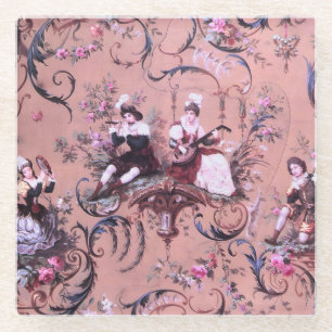 Vintage French Pink Toile Victorian Style Floral Glass Coaster