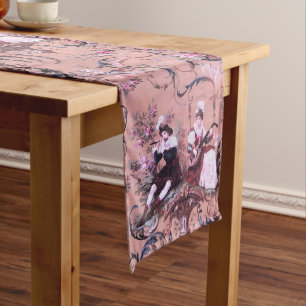 Vintage French Pink Toile Victorian Style Floral Long Table Runner