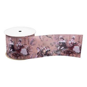 Vintage French Pink Toile Victorian Style Floral Satin Ribbon
