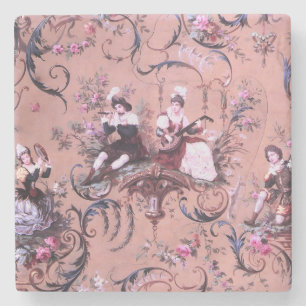 Vintage French Pink Toile Victorian Style Floral Stone Coaster