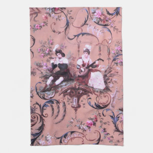 Vintage French Pink Toile Victorian Style Floral Tea Towel