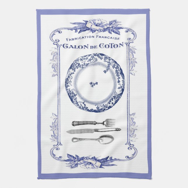 vintage french plate & cutlery kitchen towel blue (Vertical)