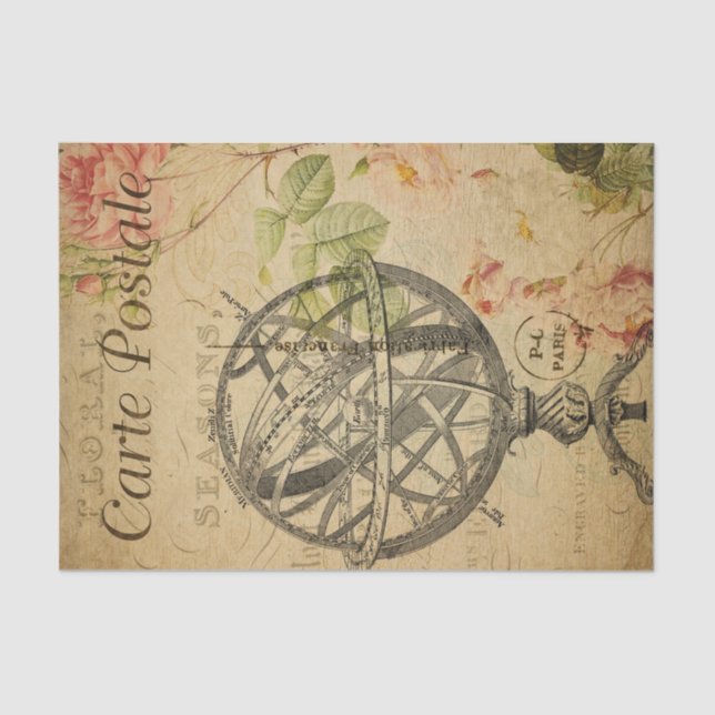 Vintage French Postcard Armillary Sphere Decoupage Tissue Paper (Front)
