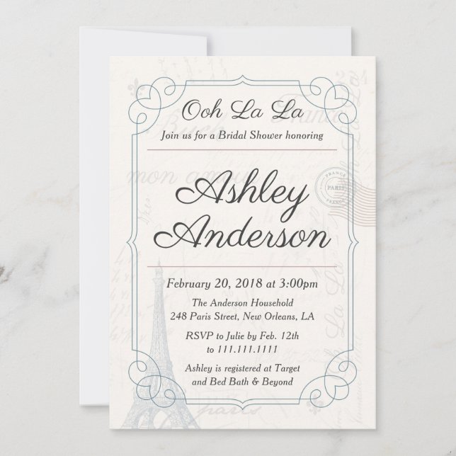 Vintage French Postcard Bridal Shower Invitation (Front)