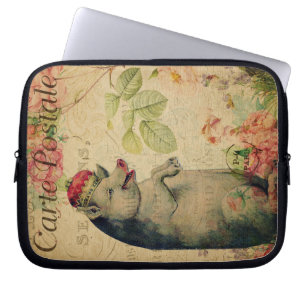 Vintage French Postcard Pig With Crown Floral Laptop Sleeve