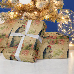 Vintage French Postcard Pig With Crown Floral Wrapping Paper