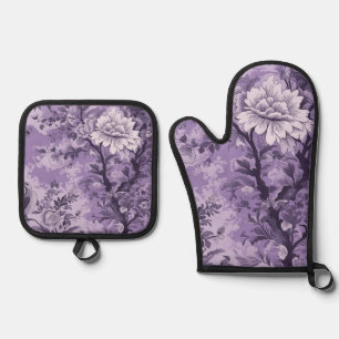 Vintage French Purple Toile Fleurie Oven Mitt & Pot Holder Set