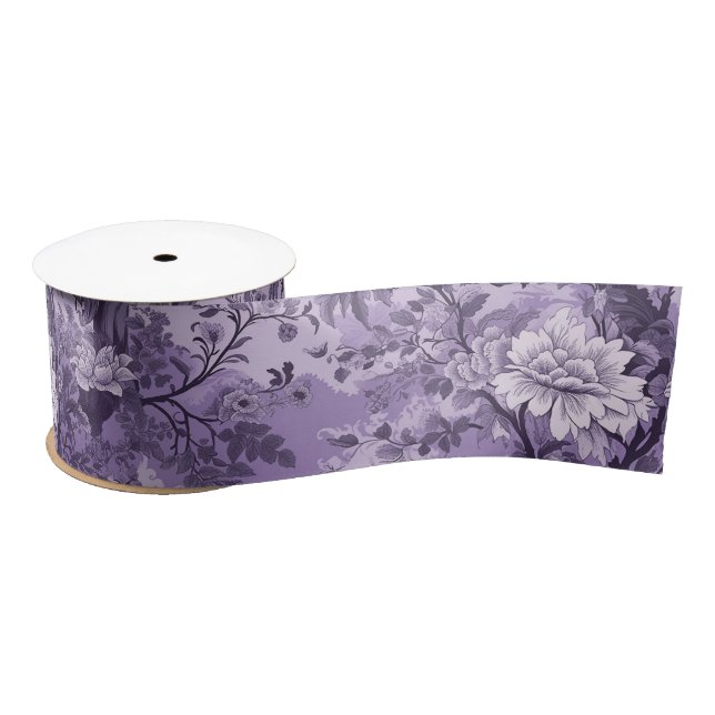 Vintage French Purple Toile Fleurie Satin Ribbon (Spool)