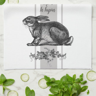 Vintage french rabbit with Grey French striped  Tea Towel