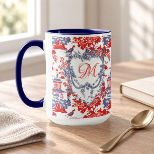 Vintage French Red Blue Chinoiserie Delft Monogram Mug