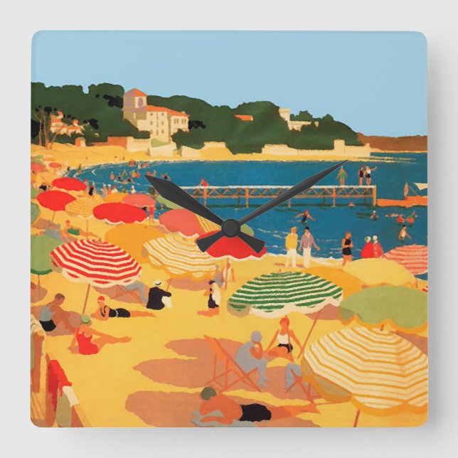 Vintage French Riviera Beach Square Wallclock (Front)