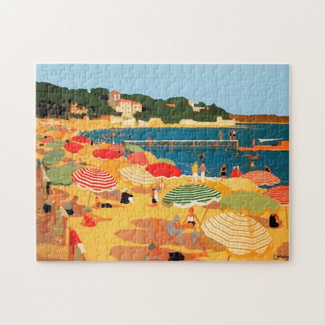 Vintage French Riviera Beach Travel Illustration Jigsaw Puzzle (Horizontal)