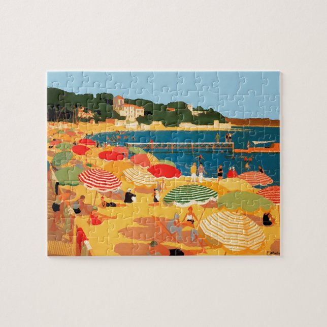 Vintage French Riviera Beach Travel Illustration Jigsaw Puzzle (Horizontal)