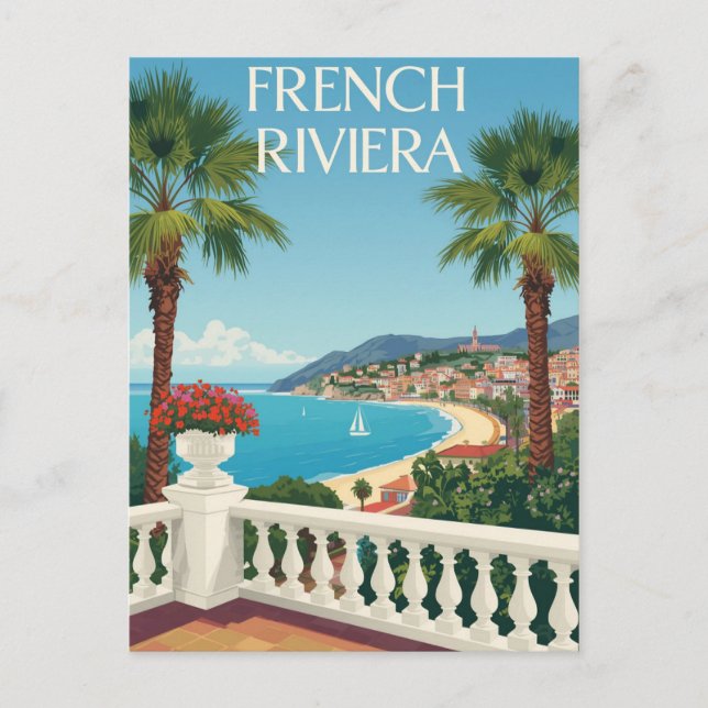 Vintage French Riviera Beach Travel Poster Postcard (Front)