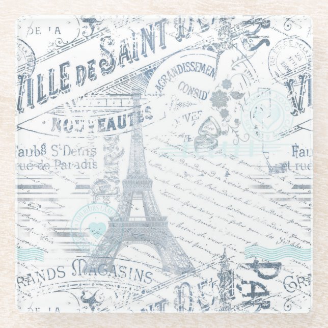 Vintage French Romance Collage Blue ID226 Glass Coaster (Front)