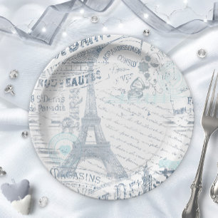 Vintage French Romance Collage Blue ID226 Paper Plate