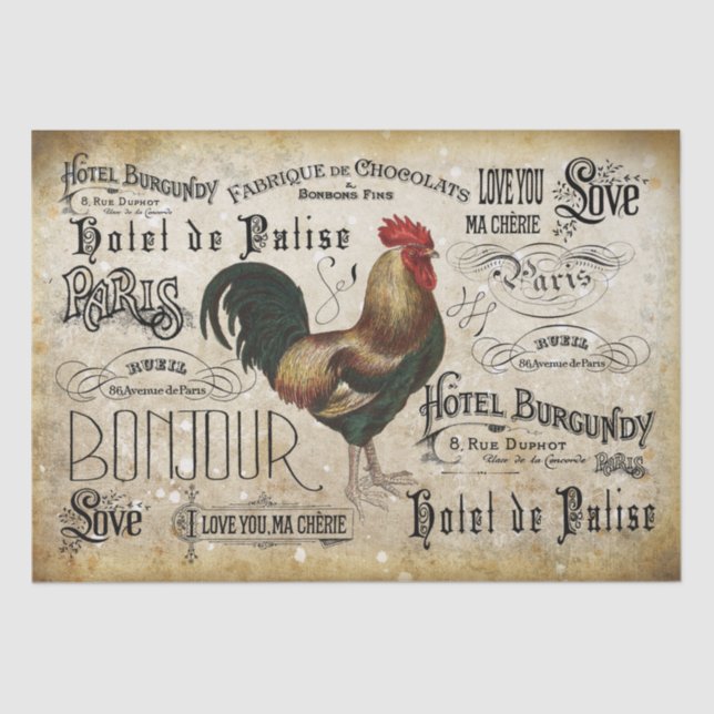 Vintage French Rooster de Paris Decoupage Tissue Paper (Front)