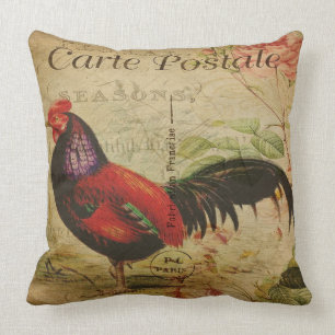 Vintage French Rooster Large Pillow/Carte Postale Cushion