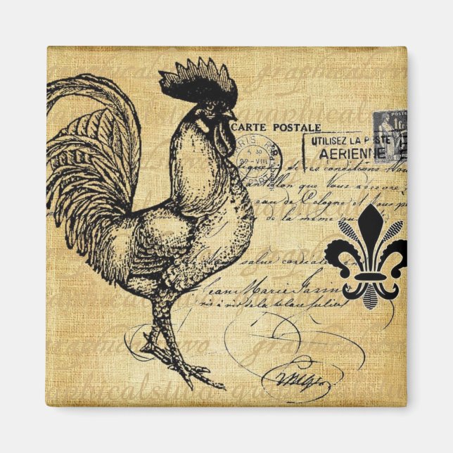Vintage French Rooster On Burlap Magnet (Front)