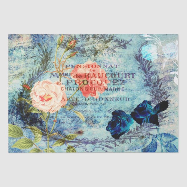 Vintage French Roses Blue Decoupage Tissue Paper (Front)