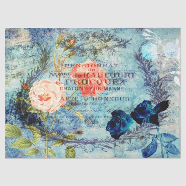 Vintage French Roses Blue Decoupage Tissue Paper (Front)