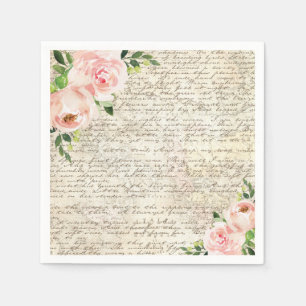 Vintage French Roses Pink Floral Old Letter Napkin