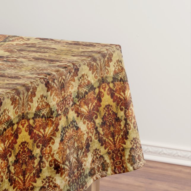 Vintage French Rustic Autumn Fall  Brown Damask Tablecloth (In Situ)