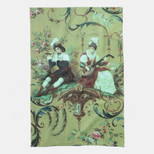 Vintage French Sage Green Toile Victorian Floral Tea Towel