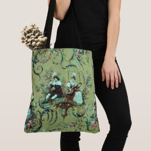 Vintage French Sage Green Toile Victorian Floral Tote Bag