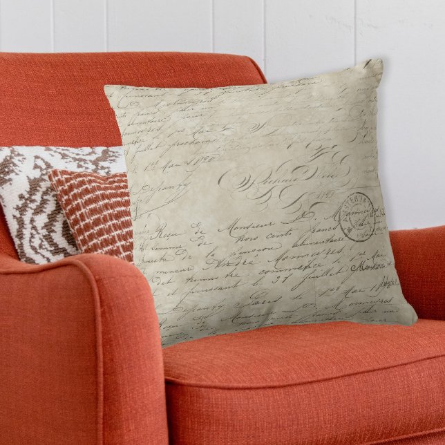 Vintage French Script Handwritten Calligraphy Tan Cushion (Creator Uploaded)