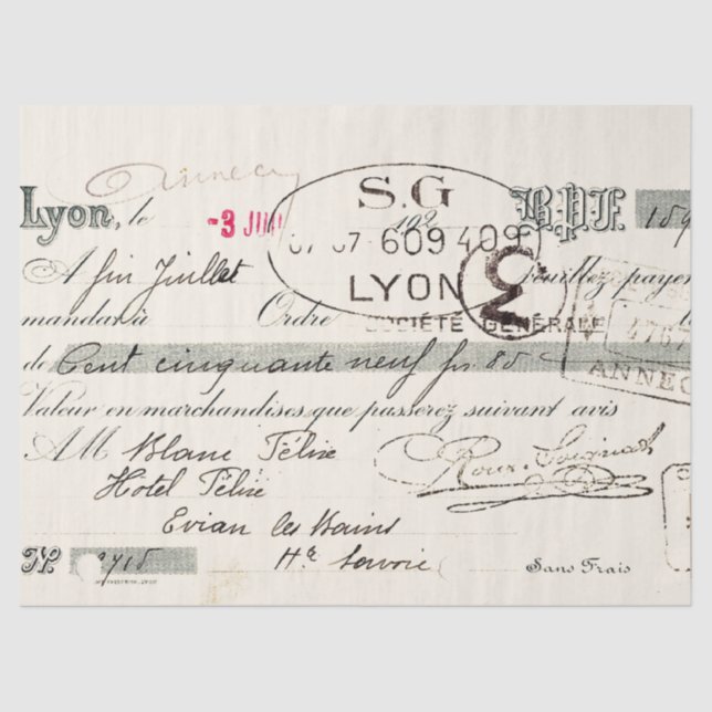 Vintage French Script Lyon Invoice Decoupage  Tissue Paper (Front)