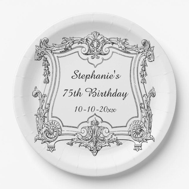 Vintage French Scroll 75th Birthday Paper Plate (Front)