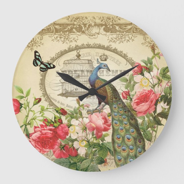 Vintage French Shabby Chic Peacock Large Clock (Front)