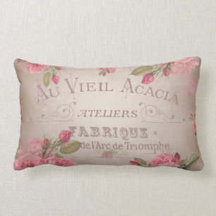 Vintage french shabbychic roses pink floral lumbar cushion