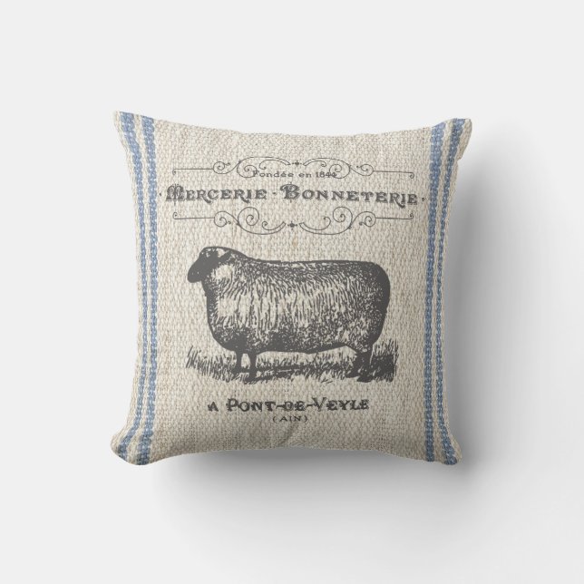 Vintage French Sheep Faux Linen Pillow (Front)