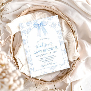 Vintage French Toile Blue Bow Floral Baby Shower Invitation