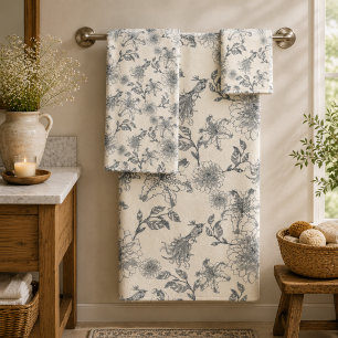 Vintage French Toile Botanical Bird Rustic Country Bath Towel Set