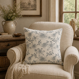 Vintage French Toile Botanical Bird Rustic Country Cushion