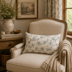 Vintage French Toile Botanical Bird Rustic Country Lumbar Cushion